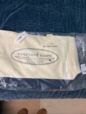 Vineyard Vines Cream and Navy Logo Canvas Tote